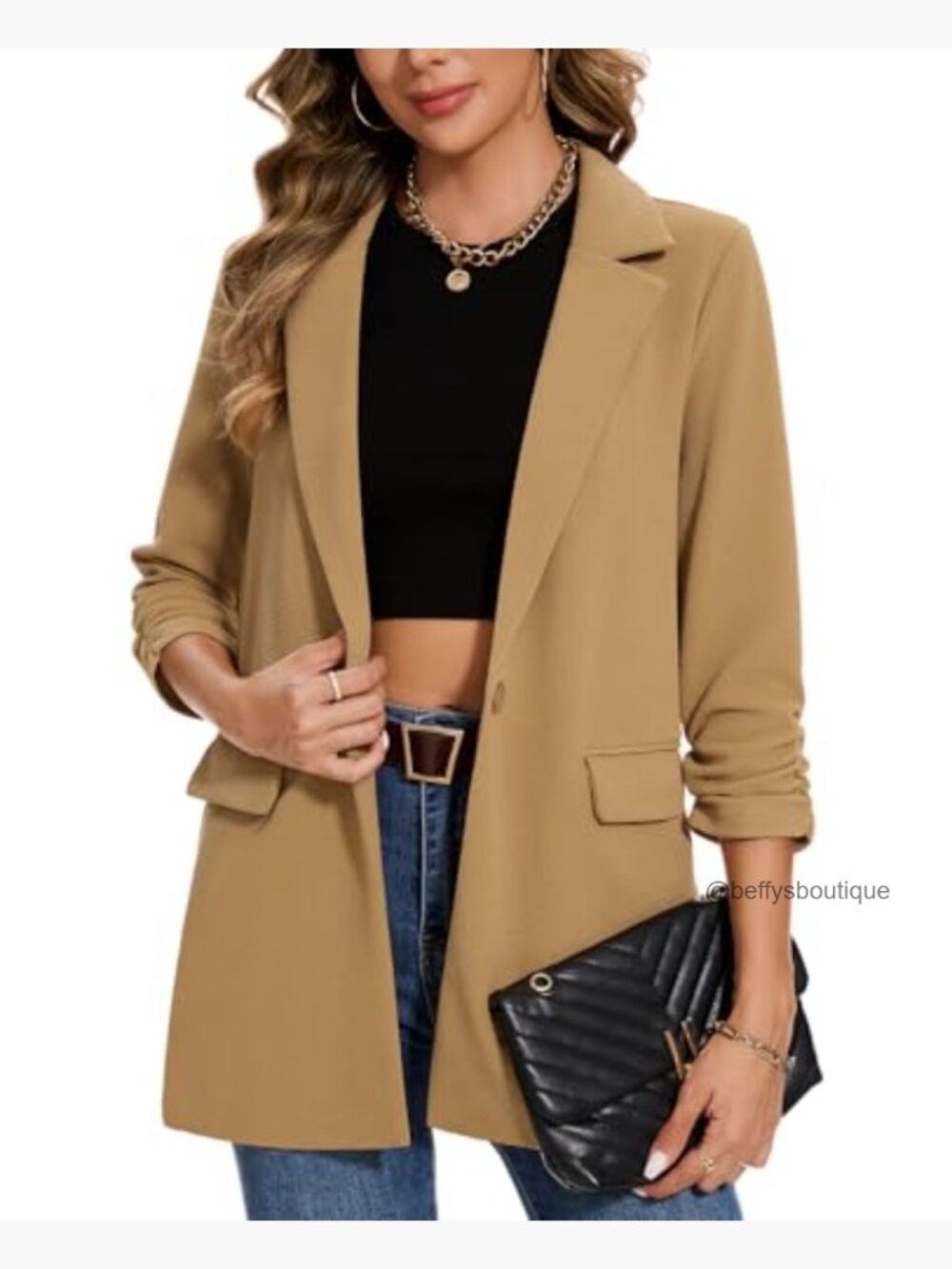 Casual Long Blazer 3/4 Ruched Sleeve Lapel Button Front Work Office Blazer - Picture 6 of 7